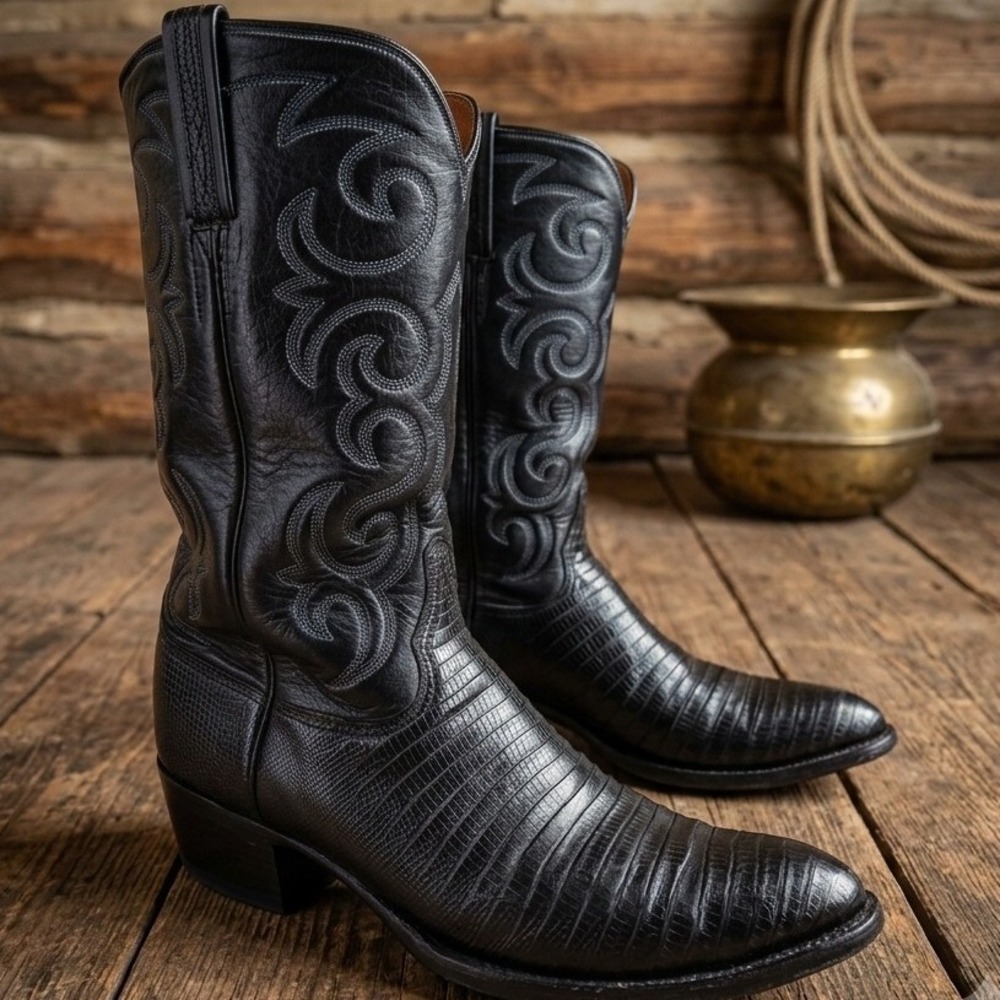 Lucchese San Antonio Mens Black Lizard Skin Western Cowboy Boots 23208 12 B